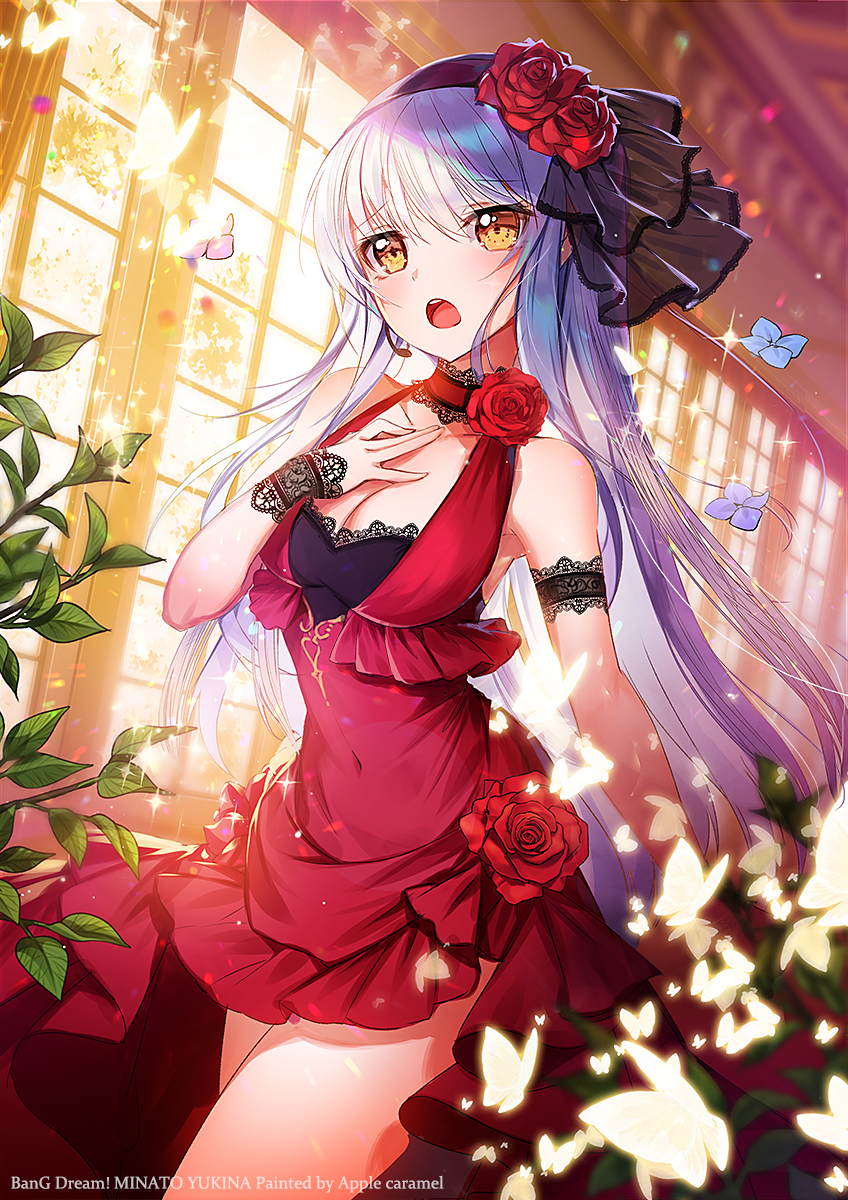 1girl apple_caramel bang_dream! bangs bare_shoulders black_ribbon blush breasts bug butterfly choker cleavage copyright_name covered_navel cowboy_shot dress eyebrows_visible_through_hair flower hair_ornament hair_ribbon halter_dress hand_up highres indoors insect jewelry lace lace-trimmed_choker lace-trimmed_dress lace_trim lavender_hair light_particles long_hair looking_at_viewer minato_yukina open_mouth red_dress ribbon rose solo sparkle sunset thighs walking watermark window yellow_eyes