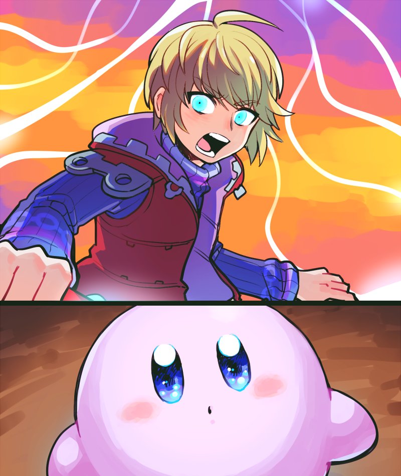 1boy blonde_hair blue_eyes bone_(stare) jacket kirby kirby_(series) looking_at_viewer monado nintendo open_mouth short_hair shulk sky spoilers super_smash_bros. super_smash_bros._ultimate sword weapon xenoblade_(series) xenoblade_1