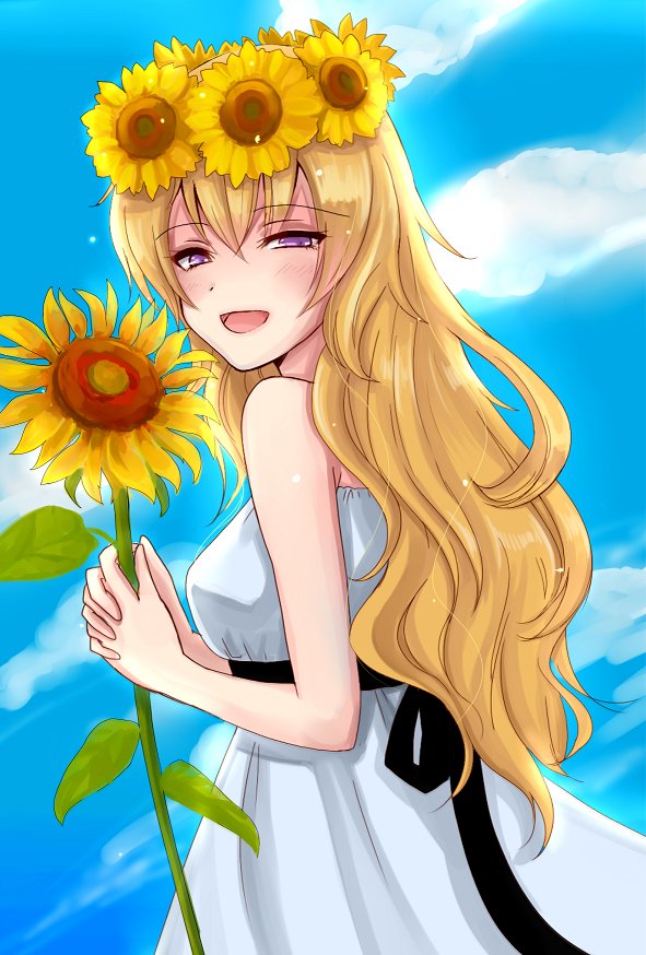1girl :d black_ribbon blonde_hair blue_sky clouds day dress eyebrows_visible_through_hair floating_hair flower hair_between_eyes hair_flower hair_ornament holding holding_flower long_hair looking_at_viewer open_mouth outdoors rei_no_himo ribbon rwby sava_10rwby sky sleeveless sleeveless_dress smile standing sundress sunflower upper_body very_long_hair violet_eyes white_dress yang_xiao_long yellow_flower
