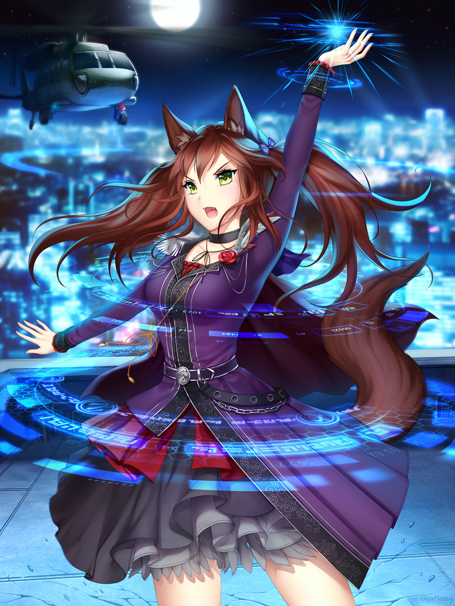 1girl aircraft animal_ears arm_up black_skirt blurry blurry_background brown_hair cape choker collarbone cowboy_shot floating_hair flower fox_ears fox_tail gigamessy helicopter highres layered_skirt long_hair long_sleeves magic_circle night original outdoors purple_cape red_flower red_rose rose skirt sky solo standing star_(sky) starry_sky tail twintails