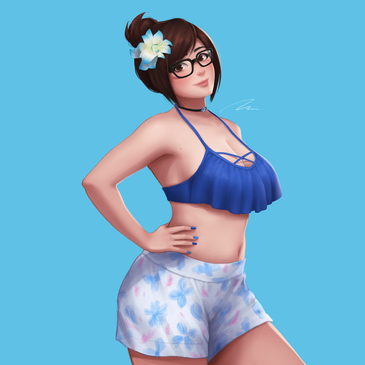 1girl black-framed_eyewear blue_background blue_nails blush breasts brown_eyes brown_hair choker cowboy_shot crop_top crop_top_overhang flower glasses hair_flower hair_ornament hand_on_hip jewelry lips looking_at_viewer mei_(overwatch) midriff nail_polish nose overwatch shorts signature simple_background solo stomach umigraphics