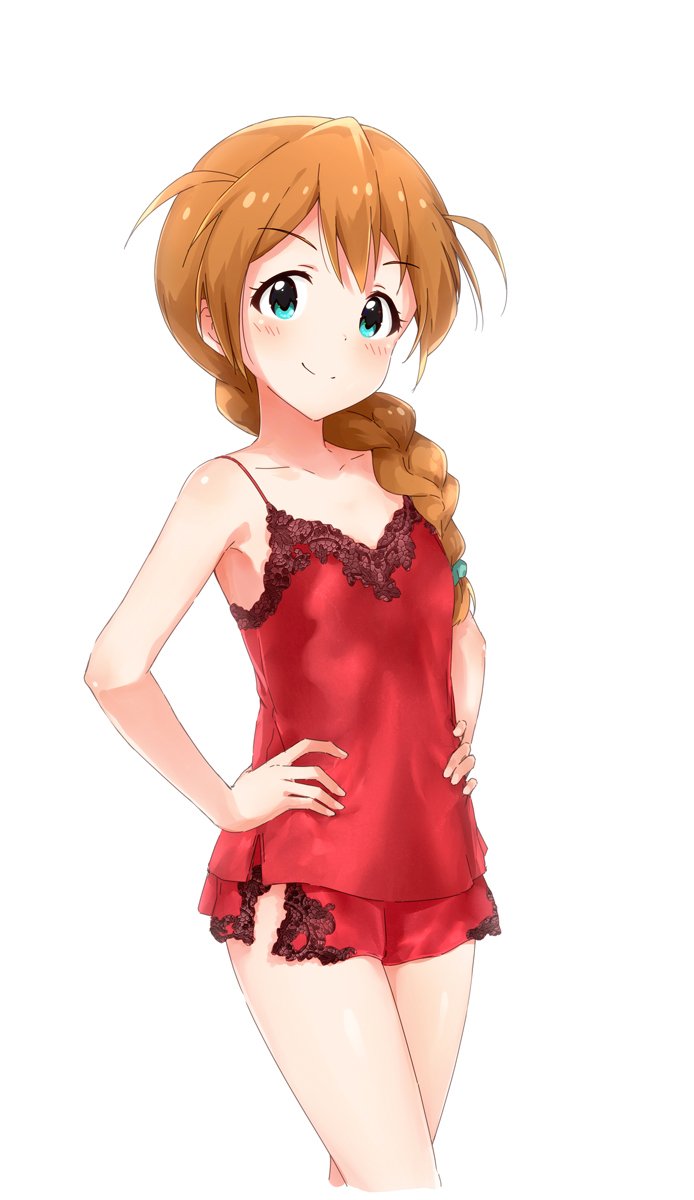 &gt;:) 1girl aqua_scrunchie baba_konomi bangs blush braid camisole collarbone commentary_request flat_chest green_eyes hair_ornament hair_scrunchie hands_on_hips highres idolmaster idolmaster_million_live! lace_trim lingerie long_hair orange_hair red_camisole scrunchie simple_background single_braid smile solo suke_(momijigari) underwear white_background