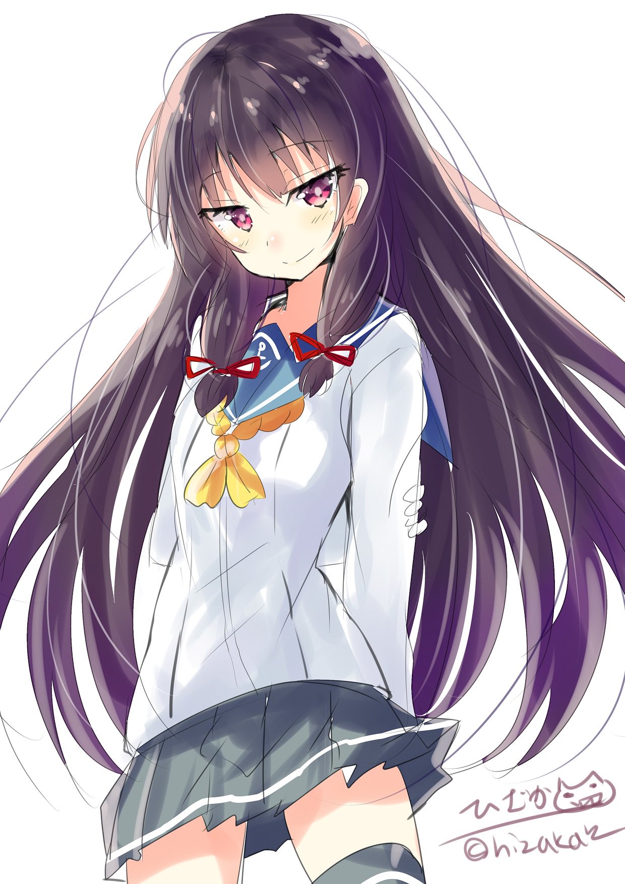 1girl black_hair eyebrows_visible_through_hair gloves hair_ribbon highres hizaka isokaze_(kantai_collection) kantai_collection long_hair long_sleeves looking_at_viewer pleated_skirt red_eyes ribbon school_uniform serafuku simple_background skirt smile solo tress_ribbon twitter_username white_background white_gloves