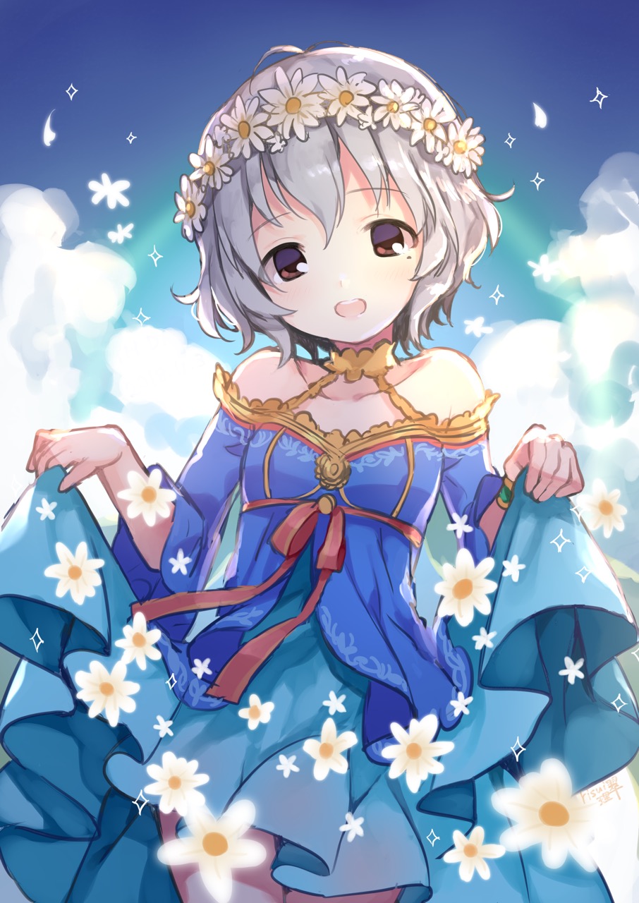 1girl bangs bare_shoulders blue_dress blue_sky blush breasts brown_eyes clouds cloudy_sky collarbone day dress eyebrows_visible_through_hair flower flower_wreath grey_hair hair_between_eyes hands_up head_tilt head_wreath highres idolmaster idolmaster_cinderella_girls idolmaster_cinderella_girls_starlight_stage long_sleeves mole mole_under_eye narumiya_yume open_mouth outdoors risui_(suzu_rks) round_teeth skirt_hold sky small_breasts solo teeth upper_teeth white_flower wide_sleeves