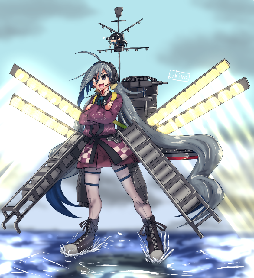 &gt;:d ahoge alternate_costume artist_name boots bow bowtie cross-laced_footwear crossed_arms dress fairy_(kantai_collection) grey_hair hair_between_eyes happi japanese_clothes kakiiro_(takuya) kantai_collection kiyoshimo_(kantai_collection) lace-up_boots light long_hair low_twintails multicolored_hair pantyhose purple_dress purple_legwear twintails very_long_hair violet_eyes