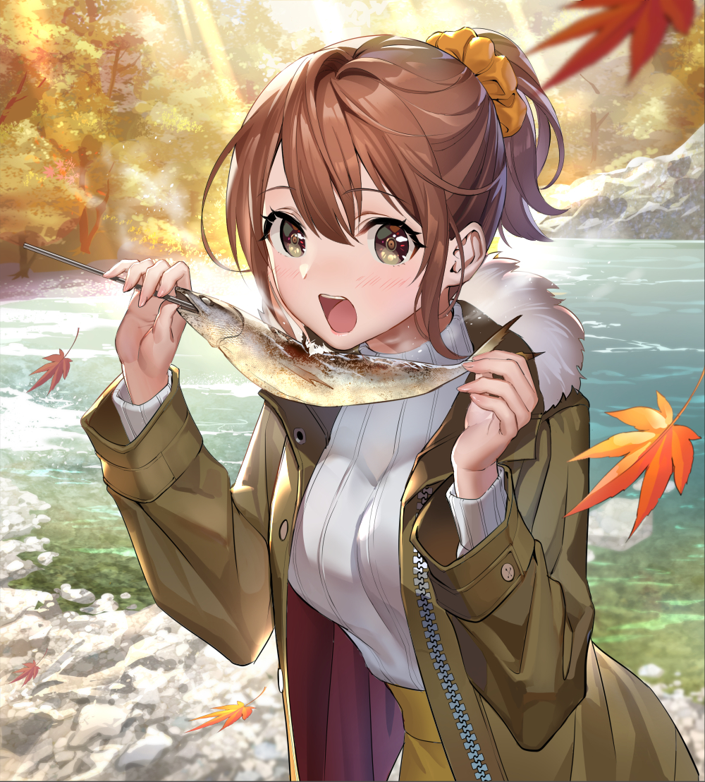 1girl autumn autumn_leaves brown_eyes brown_hair coat falling_leaves fish forest fur_trim leaf looking_at_viewer nature open_clothes open_mouth original outdoors pond ponytail ribbed_sweater scrunchie sweater teffish