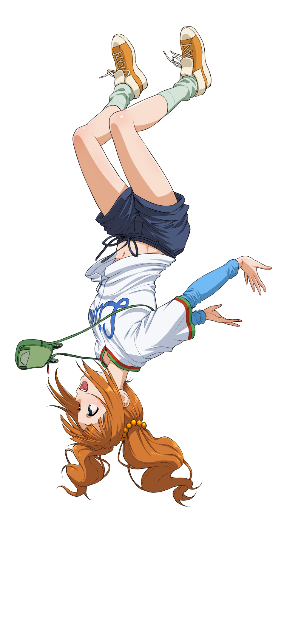 1girl blue_shorts blue_sleeves brown_hair floating_hair full_body green_legwear hair_ornament highres idolmaster idolmaster_(classic) long_hair long_sleeves midriff navel nigou nippon_professional_baseball open_mouth shirt shoes short_over_long_sleeves short_shorts short_sleeves shorts simple_background sneakers socks solo stomach takatsuki_yayoi twintails upside-down white_background white_shirt