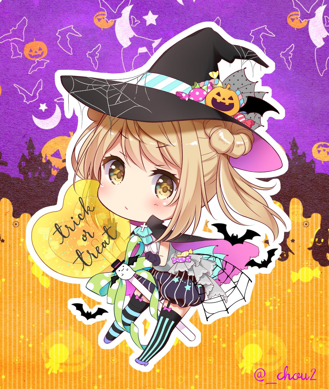 ascot bat bat_wings black_cape black_gloves black_hat blue_footwear candy cape castle chibi chou2 closed_mouth commentary_request cross food garter_straps gloves green_ribbon hair_bun halloween halloween_costume hat heart highres jack-o'-lantern kantai_collection light_brown_hair looking_at_viewer michishio_(kantai_collection) moon pink_cape pink_ribbon ribbon short_twintails shorts silk spider_web striped striped_legwear thigh-highs top_hat trick_or_treat twintails twitter_username wings witch_hat yellow_eyes