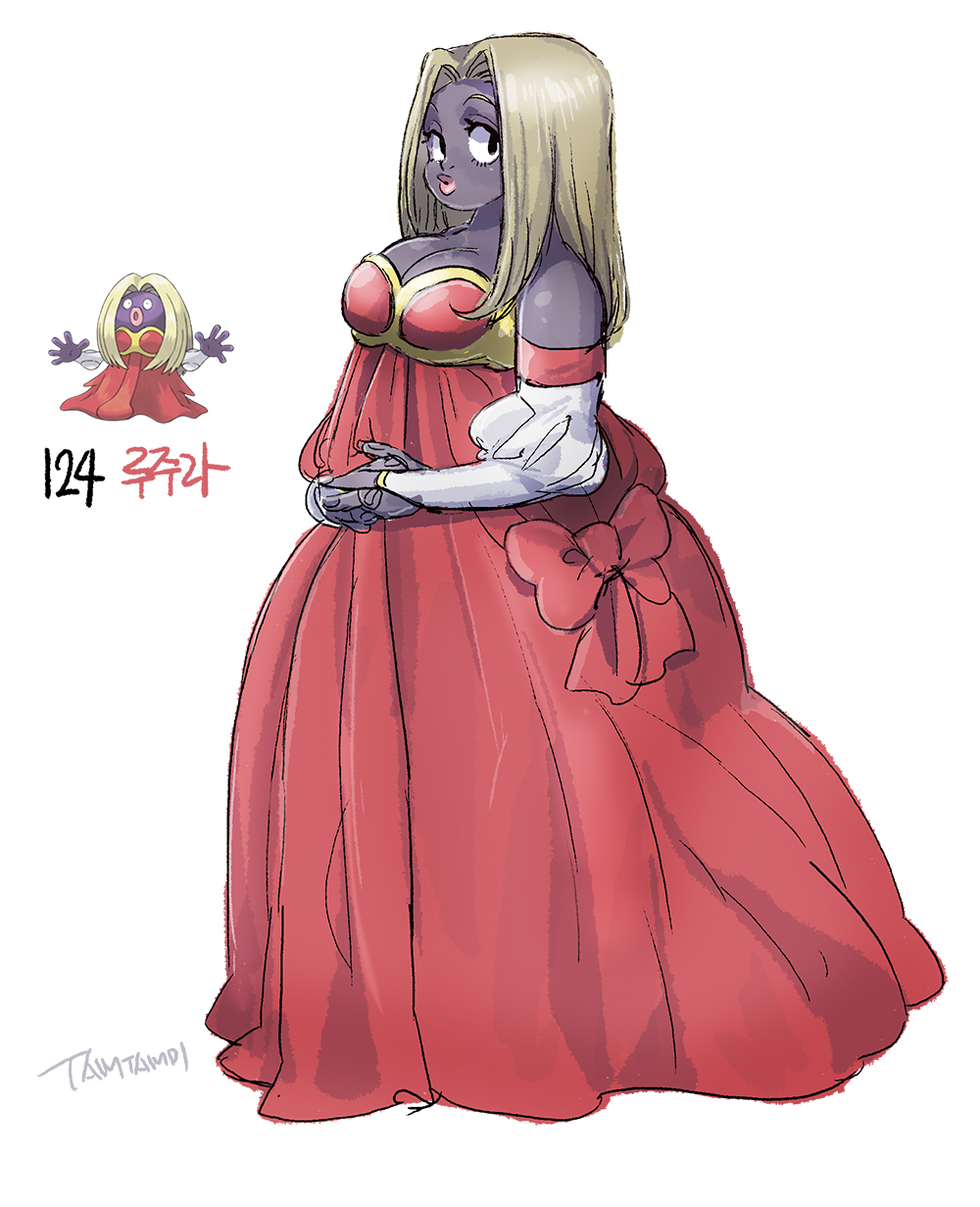 1girl :o belly blonde_hair bow breasts creatures_(company) curvy dark_skin dress fat game_freak gen_1_pokemon hands_together highres jynx large_breasts long_hair looking_back nintendo personification plump pokemon pokemon_(game) princess_dress red_bow red_dress tamtamdi