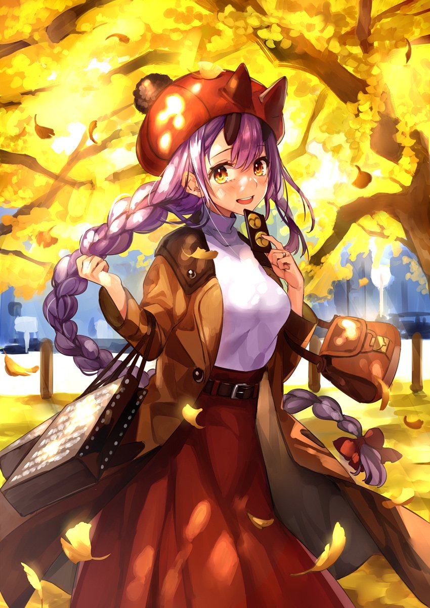 1girl alternate_costume autumn_leaves bag bangs belt belt_buckle blonde_hair blush bow braid breasts brown_coat buckle casual coat dappled_sunlight day falling_leaves fate/grand_order fate_(series) feet_out_of_frame ginkgo_leaf hair_bow handbag hands_up hat highres holding jewelry leaf long_hair long_skirt long_sleeves looking_at_viewer medium_breasts oni_horns open_clothes open_coat outdoors park purple_hair red_bow red_hat red_skirt ring round_teeth shirt shopping_bag single_braid skirt solo sunlight teeth tomoe_gozen_(fate/grand_order) tree upper_teeth user_fvsd2278 very_long_hair white_shirt
