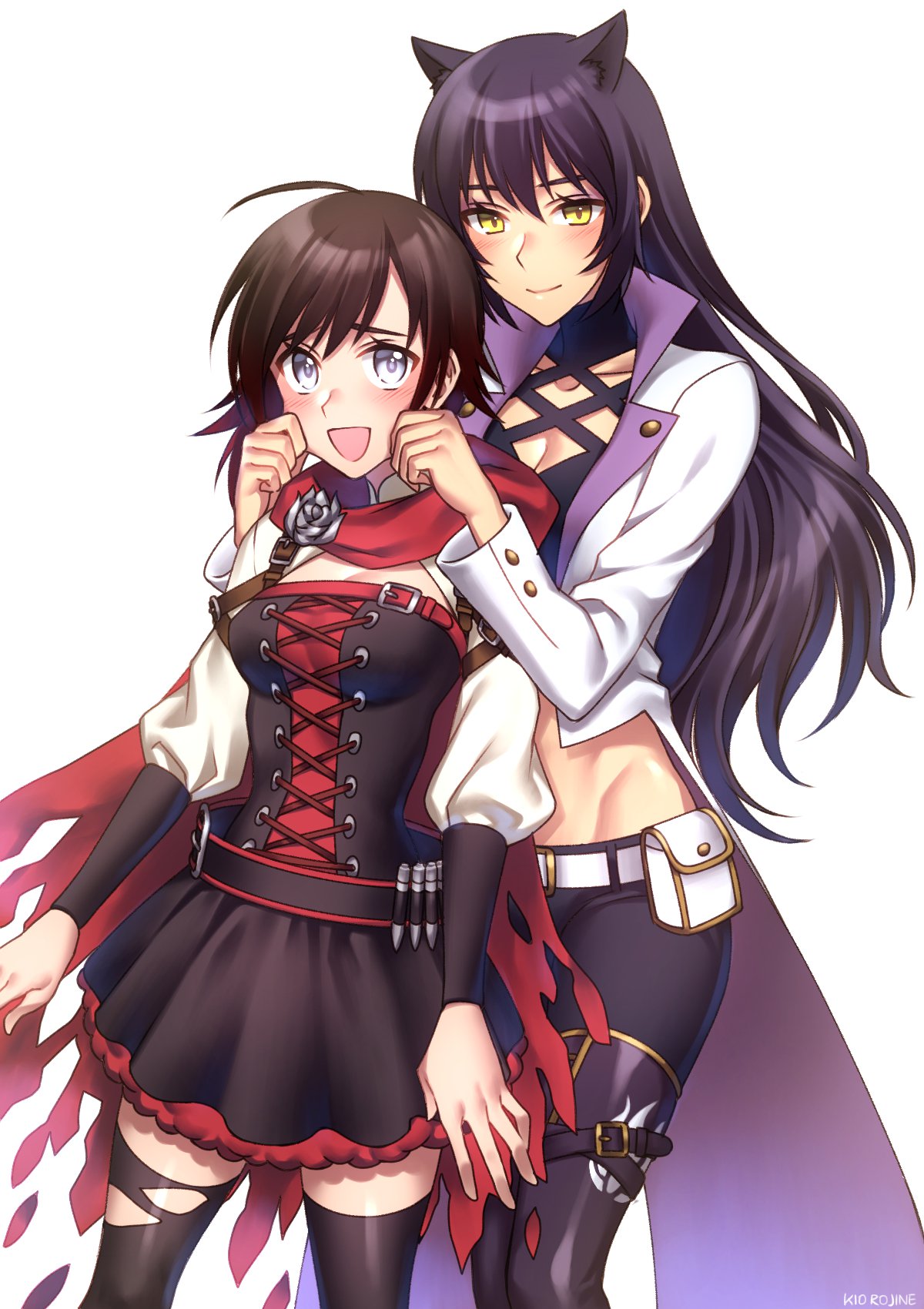 2girls :d animal_ears black_footwear black_hair black_legwear black_pants black_skirt blake_belladonna blush boots breasts brown_hair cape cat_ears cleavage crop_top floating_hair flower grey_eyes groin hair_between_eyes highres kio_rojine long_hair long_sleeves medium_breasts midriff miniskirt multiple_girls open_mouth pants petals red_cape rose ruby_rose rwby short_hair skirt smile standing stomach thigh-highs thigh_boots very_long_hair white_background white_coat yellow_eyes zettai_ryouiki