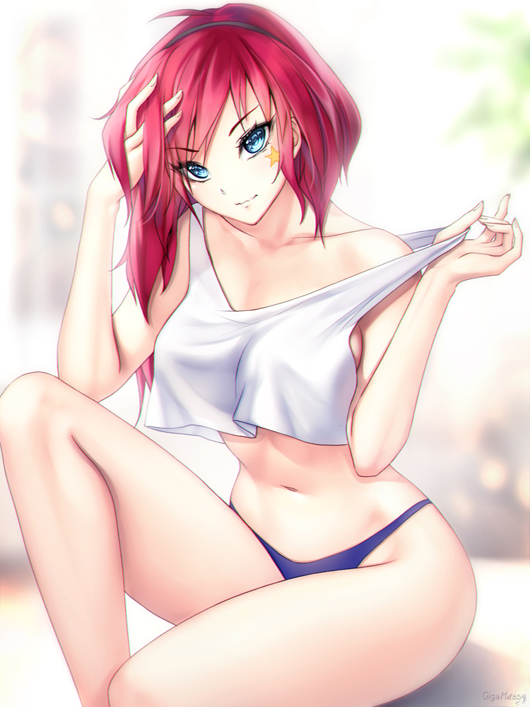 1girl black_hairband blue_eyes blue_panties blurry blurry_background breasts collarbone eyebrows_visible_through_hair gigamessy hairband hand_in_hair large_breasts long_hair medium_breasts navel original panties redhead sideboob sitting smile solo star underwear white_tank_top