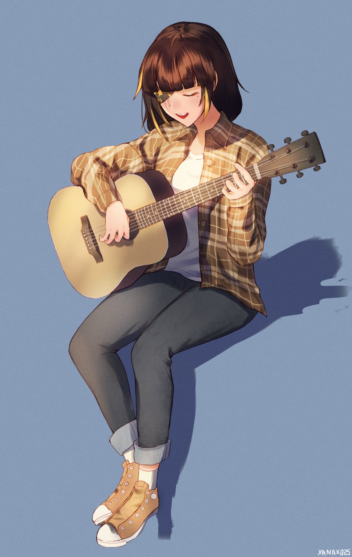 1girl closed_eyes denim eyepatch girls_frontline guitar highres instrument jeans m16a1_(girls_frontline) music open_clothes open_shirt pants playing_instrument scar scar_across_eye shadow shirt shoes single_shoe solo tank_top xanax025