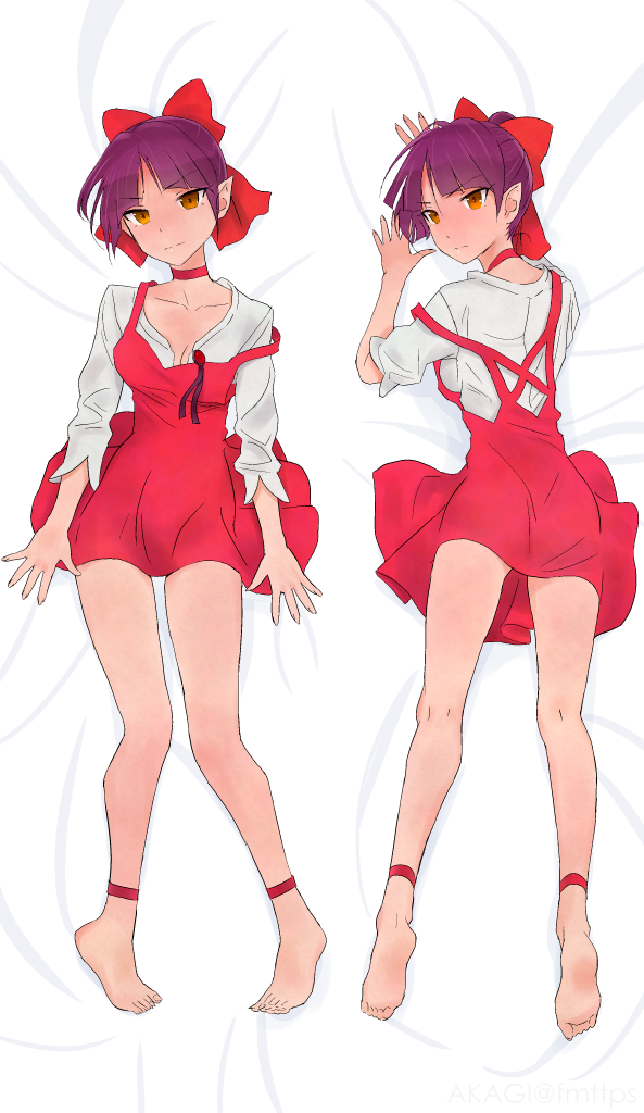 1girl akagi_(fmttps) bangs barefoot bed_sheet bow brooch cat_girl choker cleave_gag closed_mouth cloth_gag commentary_request dakimakura dress eyebrows_visible_through_hair full_body gag gagged gegege_no_kitarou gem hair_bow hair_bun improvised_gag jewelry light_frown lips long_sleeves looking_at_viewer looking_back lying nekomusume nekomusume_(gegege_no_kitarou_6) no_shoes on_back on_bed on_stomach partial_commentary pinafore_dress pointy_ears purple_hair red_bow red_choker red_dress shirt short_dress short_hair solo strap_slip white_shirt yellow_eyes