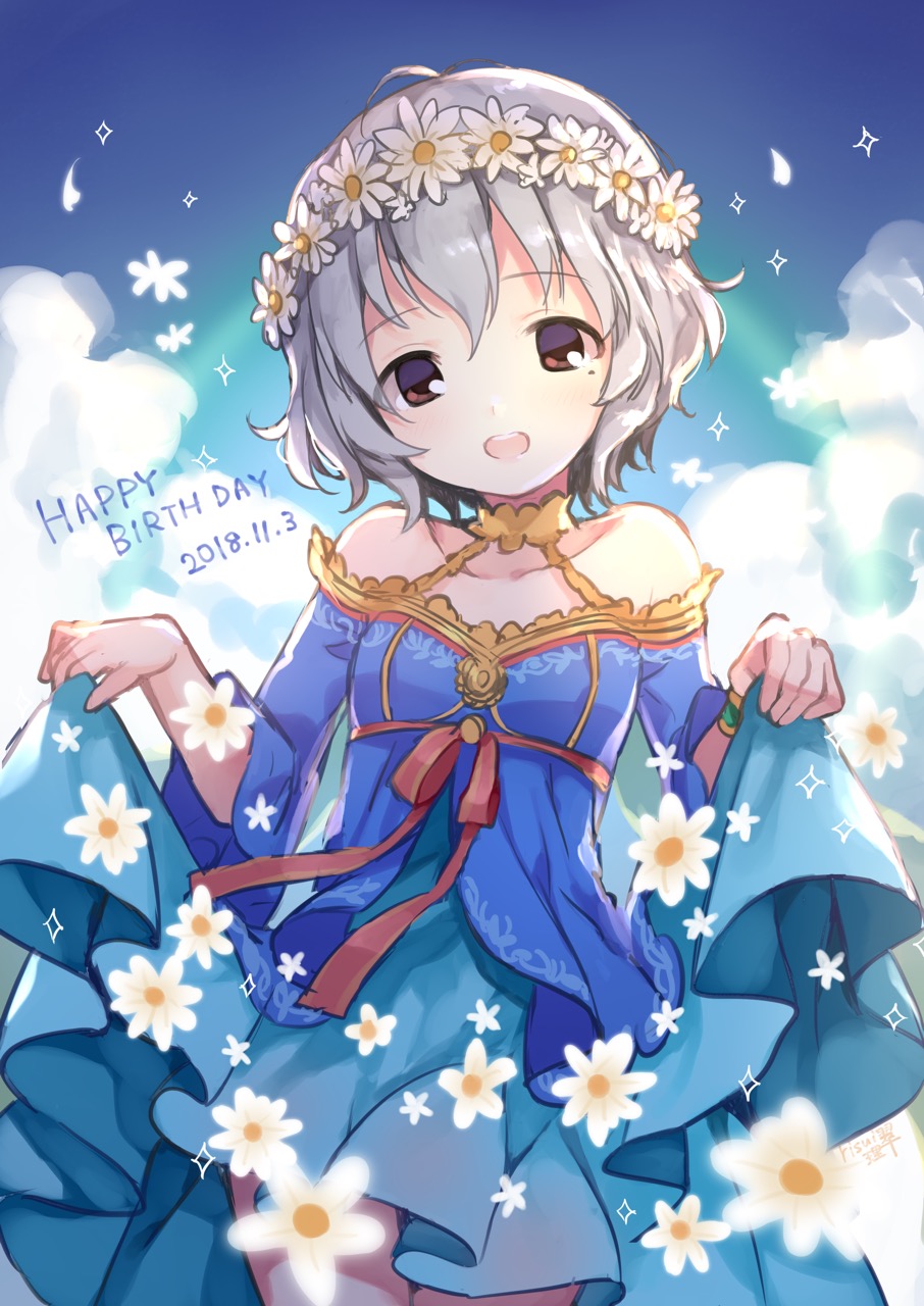 1girl bangs bare_shoulders blue_dress blue_sky blush breasts brown_eyes clouds cloudy_sky collarbone commentary_request dated day dress eyebrows_visible_through_hair flower flower_wreath grey_hair hair_between_eyes hands_up happy_birthday head_tilt head_wreath highres idolmaster idolmaster_cinderella_girls idolmaster_cinderella_girls_starlight_stage long_sleeves mole mole_under_eye narumiya_yume open_mouth outdoors risui_(suzu_rks) round_teeth skirt_hold sky small_breasts solo teeth upper_teeth white_flower wide_sleeves
