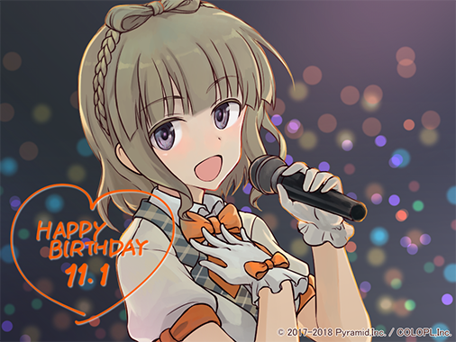 1girl alice_gear_aegis blazer bow bowtie braid dated eyebrows_visible_through_hair frilled_gloves frills gloves hair_bow hand_on_own_chest happy_birthday heart holding holding_microphone idol jacket light_brown_hair lights looking_at_viewer microphone official_art open_mouth orange_ribbon portrait puffy_short_sleeves puffy_sleeves ribbon shimada_fumikane shimoochiai_touka short_sleeves solo upper_body violet_eyes watermark white_gloves white_jacket wing_collar