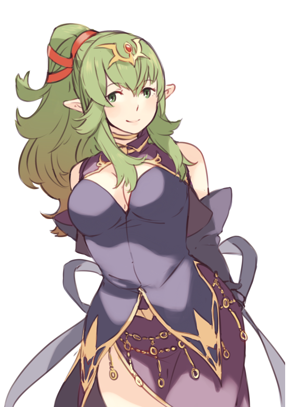 1girl ai-wa arms_behind_back breasts cleavage cleavage_cutout cosplay cowboy_shot detached_sleeves dress fire_emblem fire_emblem:_kakusei fire_emblem:_rekka_no_ken fire_emblem_heroes green_eyes green_hair hair_ribbon highres long_hair looking_at_viewer medium_breasts nintendo pointy_ears ponytail ribbon simple_background smile solo tiara tiki ursula_(fire_emblem) ursula_(fire_emblem)_(cosplay) white_background