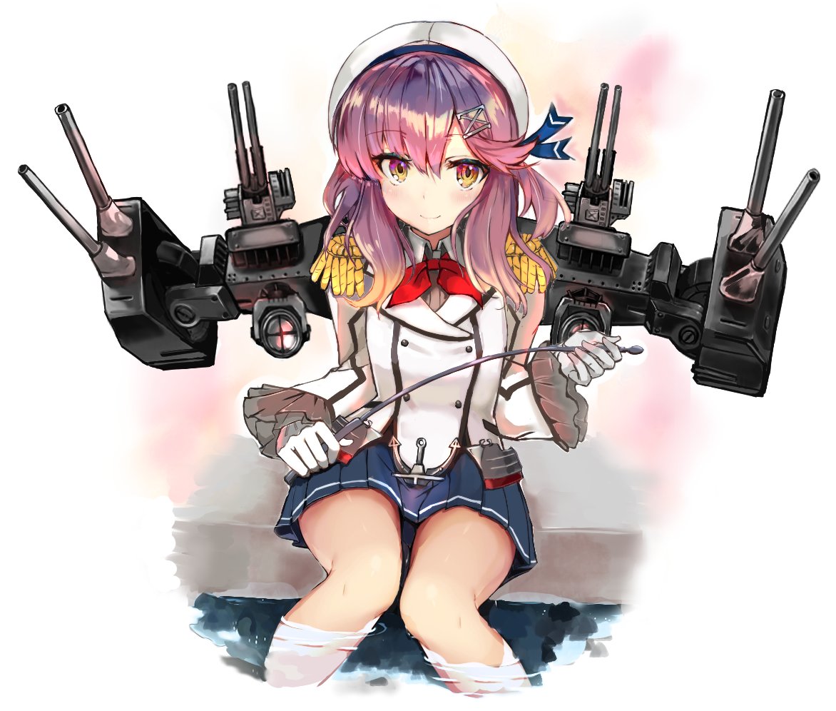 1girl blue_skirt blush breasts cannon collared_shirt cosplay epaulettes eriyama_(user_csua4255) frilled_sleeves frills gloves gradient_hair hat holding_whip jacket kantai_collection kashima_(kantai_collection) kashima_(kantai_collection)_(cosplay) long_hair long_sleeves looking_at_viewer military military_uniform multicolored_hair neckerchief orange_hair partially_submerged pleated_skirt purple_hair red_neckwear rigging sailor_hat searchlight shirt sidelocks sitting skirt smile solo tsushima_(kantai_collection) turret uniform violet_eyes white_gloves white_hat