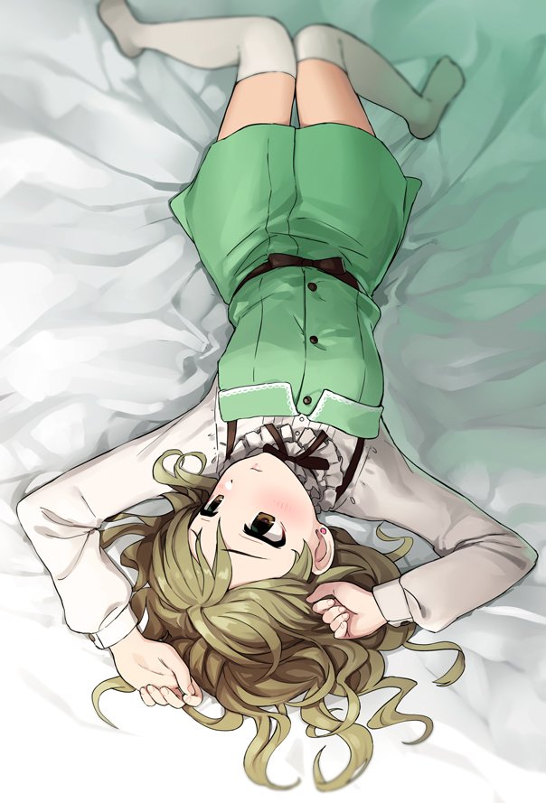 1girl arms_up bed_sheet blouse blurry blush bow brown_eyes buttons collar dress earrings fingernails frilled_collar frills from_above full_body green_dress hair_down idolmaster idolmaster_cinderella_girls jewelry knees_together_feet_apart light_brown_hair lips long_hair long_sleeves looking_away looking_down lying morikubo_nono no_shoes omaru_gyuunyuu on_back short_dress solo stud_earrings thigh-highs upside-down white_blouse white_legwear