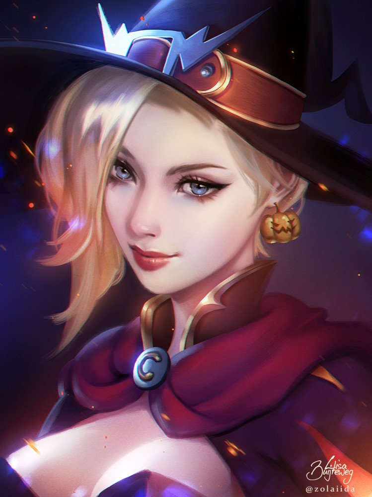 1girl alternate_costume blonde_hair blue_eyes breasts brooch cleavage cloak close-up commentary earrings english_commentary eyebrows eyelashes eyeliner hair_over_one_eye halloween_costume hat hat_ornament jack-o'-lantern jack-o'-lantern_earrings jewelry lips lisa_buijteweg makeup medium_breasts mercy_(overwatch) nose overwatch short_hair smile solo witch witch_hat witch_mercy