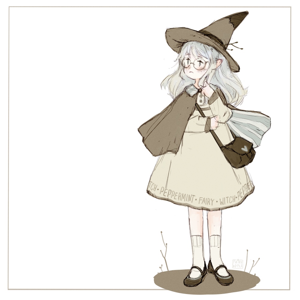 1girl bag blush cloak closed_mouth commentary_request dress fairyapple full_body glasses grey_eyes hat long_hair long_sleeves original russian_commentary shoes simple_background sketch socks solo white_background white_hair witch_hat