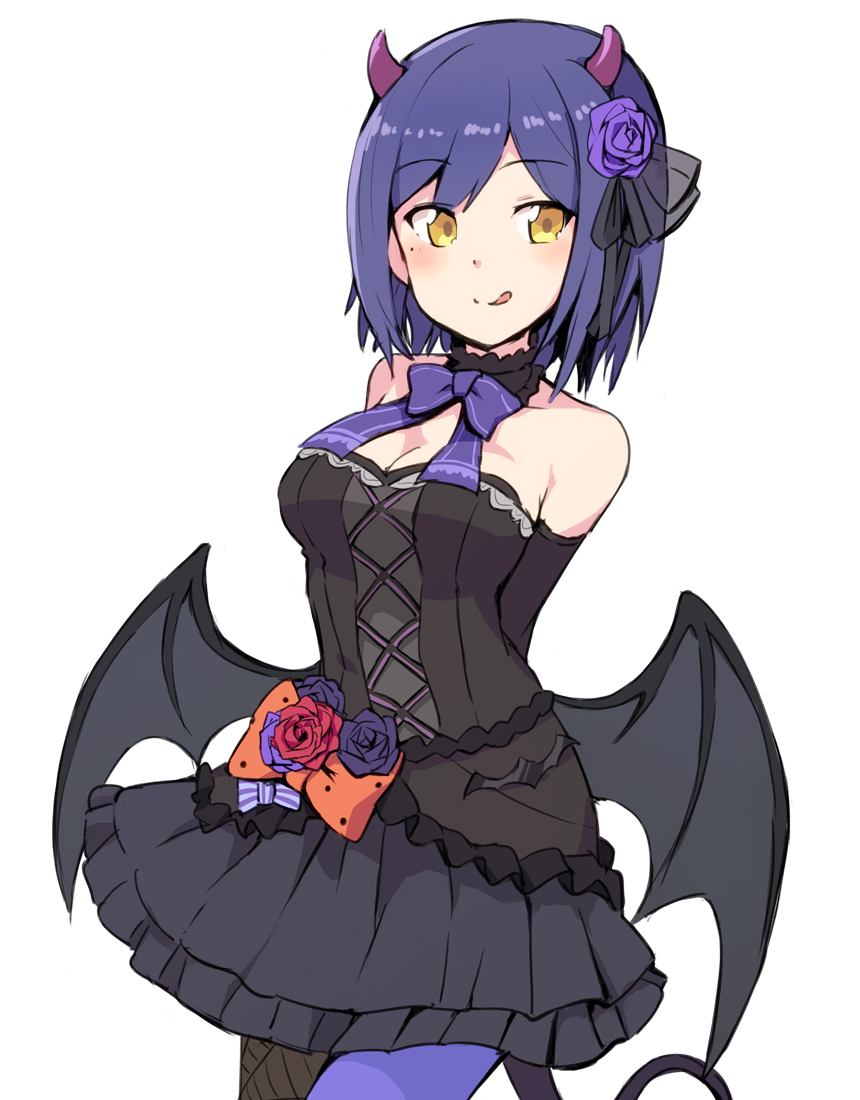 1girl :p asymmetrical_legwear blue_hair blush breasts chikuwa_(majihima) cleavage demon_girl demon_tail demon_wings dress eyebrows_visible_through_hair frilled_dress frills halloween halloween_costume horns large_breasts nijisanji ribbon shizuka_rin short_hair tagme tail tongue tongue_out virtual_youtuber white_background wings yellow_eyes