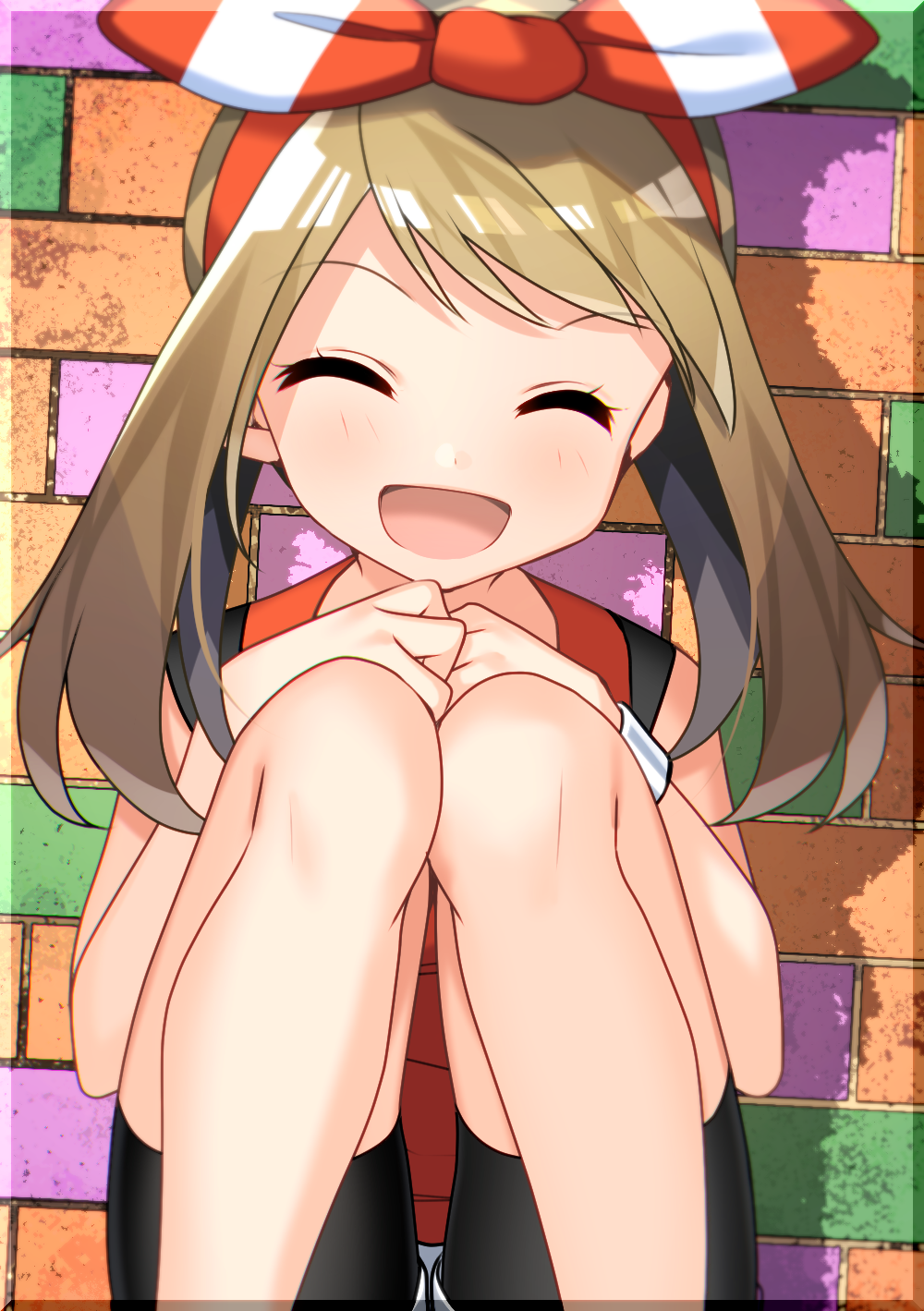 1girl bike_shorts bike_shorts_under_shorts black_shorts blush brick_wall brown_hair closed_eyes creatures_(company) game_freak hair_ribbon happy haruka_(pokemon) highres knees_together_feet_apart nintendo open_mouth pokemon pokemon_(game) pokemon_oras ribbon shorts sitting smile solo tank_top white_shorts yuihiko