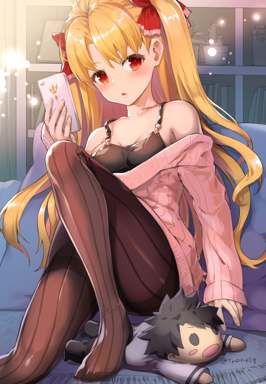 1girl bangs blonde_hair blush bow breasts brown_legwear cellphone character_doll commentary_request ereshkigal_(fate/grand_order) eyebrows_visible_through_hair fate/grand_order fate_(series) feet fingernails fujimaru_ritsuka_(male) hair_bow hand_up head_tilt holding holding_cellphone holding_phone long_hair long_sleeves medium_breasts no_shoes off-shoulder_sweater pantyhose parted_lips phone pillow pink_sweater red_bow red_eyes sitting sleeves_past_wrists solo striped striped_legwear sweater two_side_up tyone vertical-striped_legwear vertical_stripes very_long_hair