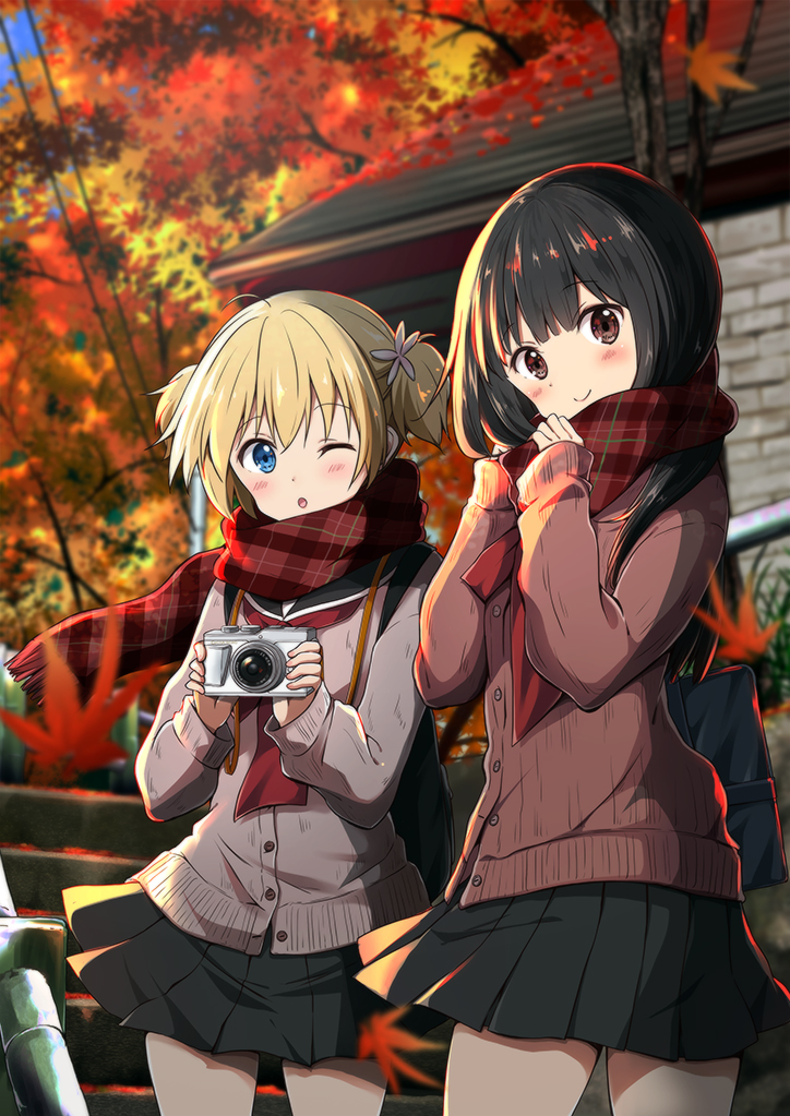 2girls ;o autumn_leaves bag bangs black_hair black_sailor_collar black_skirt blonde_hair blue_sky blurry blurry_background blush brown_cardigan camera cardigan chijou_noko chikanoko closed_mouth commentary_request day depth_of_field eyebrows_visible_through_hair flower hair_between_eyes hair_flower hair_ornament hands_up holding holding_camera leaf long_hair long_sleeves looking_at_viewer maple_leaf multiple_girls one_eye_closed outdoors parted_lips plaid plaid_scarf pleated_skirt ragho_no_erika railing red_neckwear red_scarf sailor_collar scarf school_bag school_uniform short_twintails skirt sky sleeves_past_wrists smile stairs standing stone_stairs twintails uchino_chika white_flower