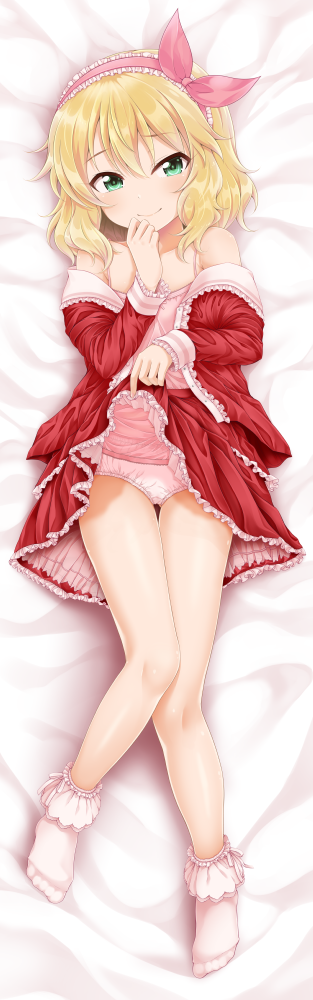 1girl bangs bed_sheet blonde_hair blush bobby_socks camisole closed_mouth commentary_request dakimakura eyebrows_visible_through_hair flo frilled_hairband frills full_body green_eyes hair_between_eyes hair_ribbon hairband hand_up head_tilt idolmaster idolmaster_cinderella_girls lifted_by_self long_hair long_sleeves lying no_shoes off_shoulder on_back open_clothes open_shirt panties pink_camisole pink_hairband pink_ribbon red_shirt red_skirt ribbon sakurai_momoka shirt skirt skirt_lift sleeves_past_wrists smile socks solo underwear white_legwear white_panties