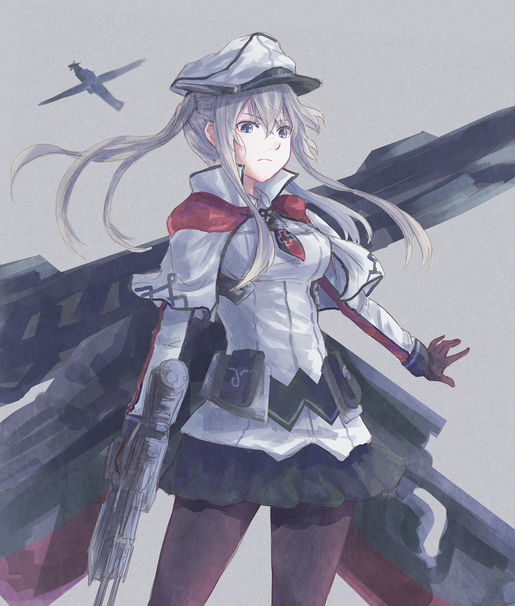 1girl black_legwear black_skirt blonde_hair breasts brown_gloves capelet cowboy_shot cross gloves graf_zeppelin_(kantai_collection) grey_background grey_eyes hair_between_eyes hat highres kantai_collection large_breasts miniskirt necktie pantyhose peaked_cap pleated_skirt sidelocks simple_background skirt solo twintails white_capelet yomi_(yomi14_pyaon)