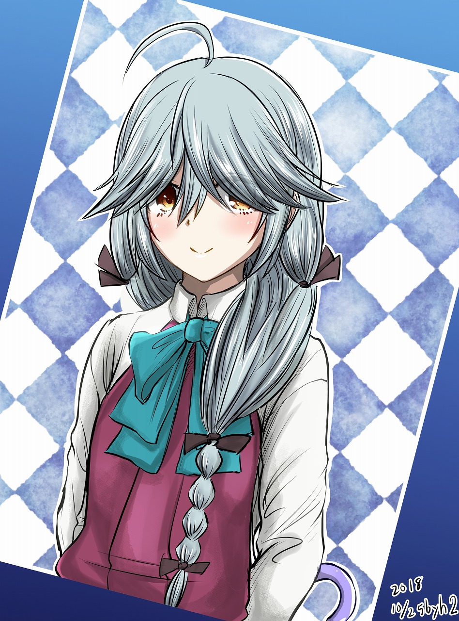 1girl ahoge argyle argyle_background artist_name bangs black_bow black_ribbon blue_bow blue_neckwear blush bow bowtie braid check_commentary collared_shirt commentary_request dated dress eyes_visible_through_hair grey_hair h2_(h20000000) hair_bow hair_over_eyes hair_over_shoulder hair_ribbon hamanami_(kantai_collection) highres kantai_collection long_hair long_sleeves looking_at_viewer outline partial_commentary pleated_dress purple_dress revision ribbon school_uniform shirt single_braid smile solo tress_ribbon umbrella upper_body white_outline white_shirt yellow_eyes