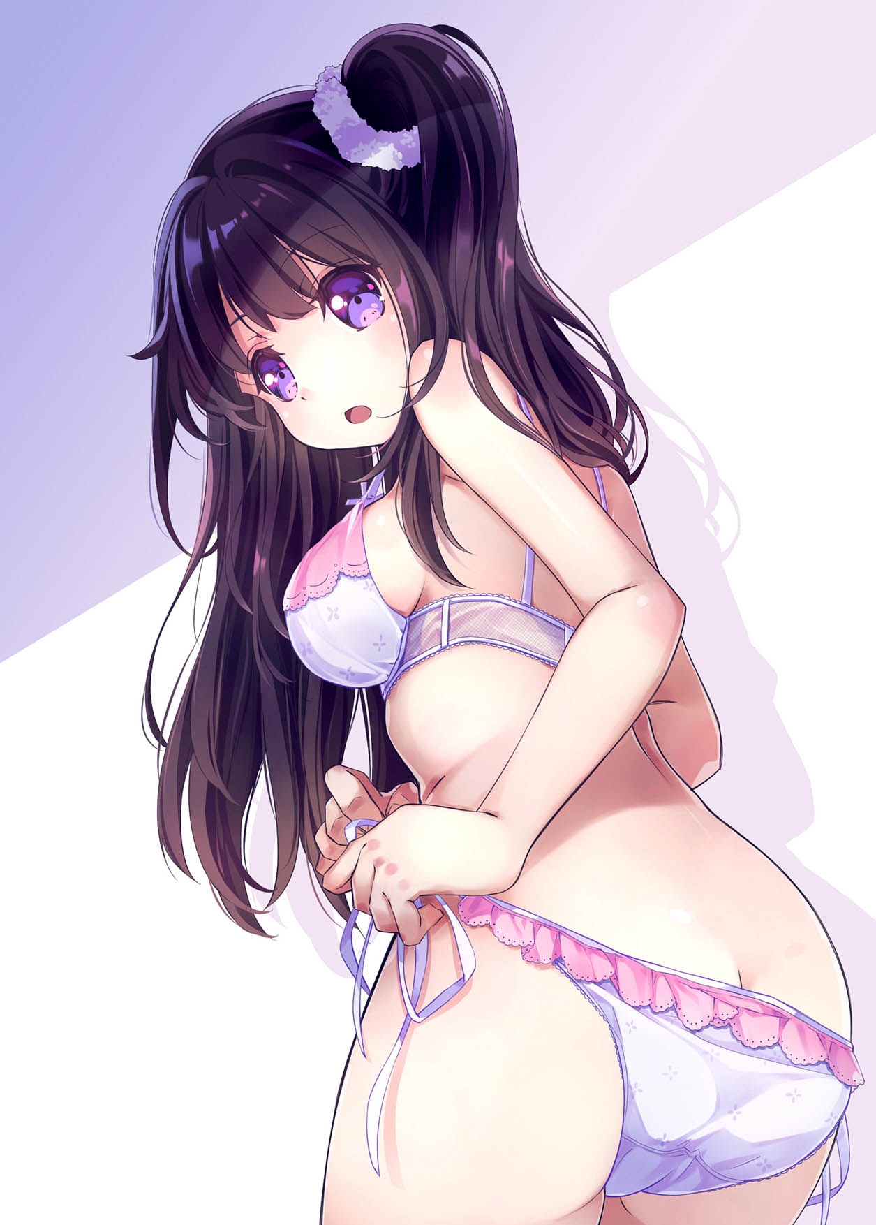 1girl 54hao ass bangs bare_arms bare_shoulders blush bra breasts brown_hair butt_crack commentary_request eyebrows_visible_through_hair fingernails hair_ornament highres large_breasts leaning_forward long_hair looking_at_viewer looking_back one_side_up open_mouth original panties purple_background see-through shadow side-tie_panties solo two-tone_background tying tying_panties underwear underwear_only very_long_hair violet_eyes white_background white_bra white_panties