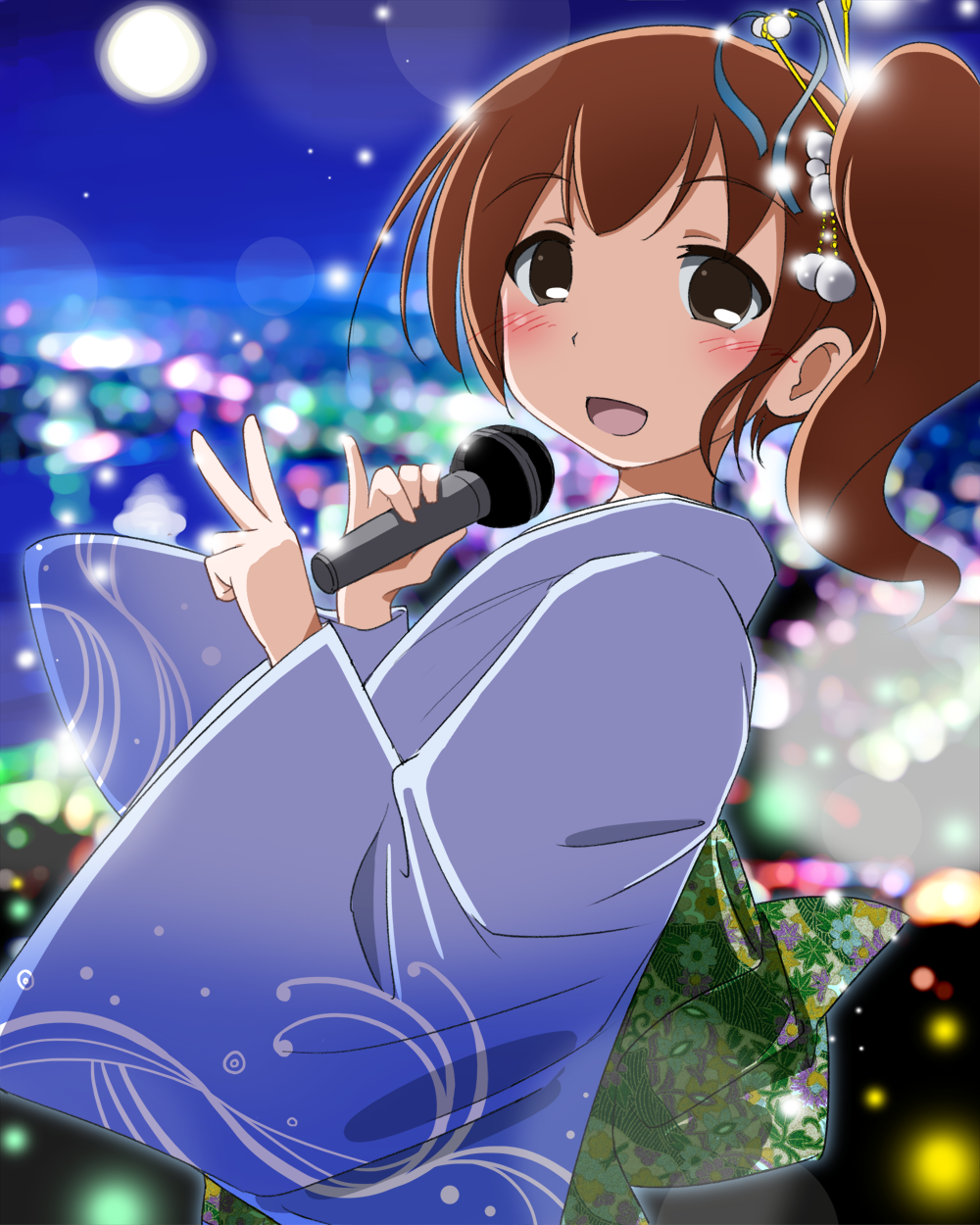1girl brown_hair earth_ekami highres japanese_clothes kimono microphone music night open_mouth side_ponytail singing