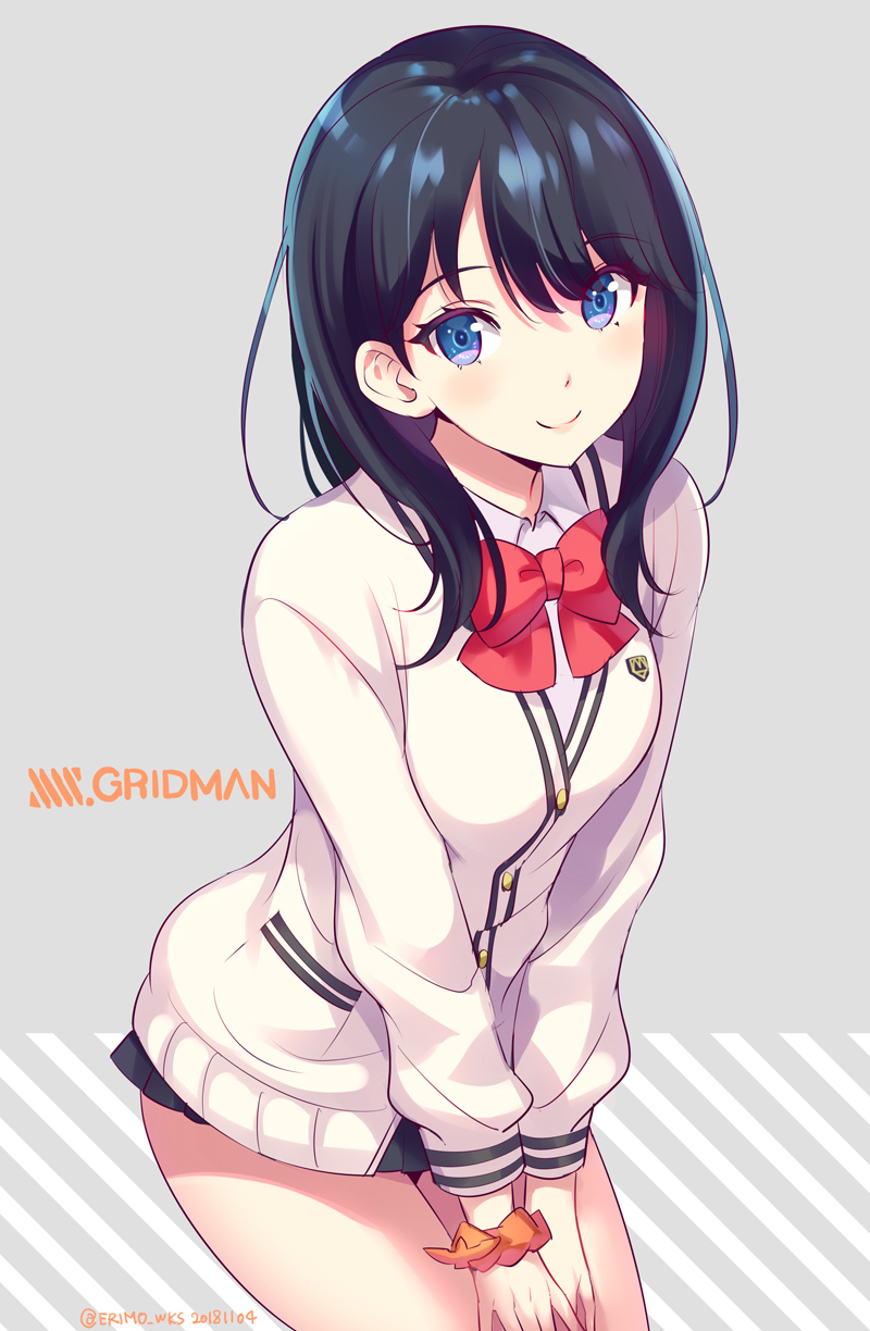 1girl badge bangs black_hair black_skirt blood blue_eyes blush bow bowtie breasts cardigan closed_mouth collared_shirt commentary_request copyright_name dated diagonal_stripes eyebrows_visible_through_hair grey_background hair_between_eyes highres leaning_forward long_hair long_sleeves looking_at_viewer microskirt nishimura_eri orange_scrunchie own_hands_together pleated_skirt red_neckwear scrunchie shiny shiny_hair shirt sitting skirt small_breasts smile solo ssss.gridman striped takarada_rikka twitter_username v_arms white_cardigan white_shirt wrist_scrunchie