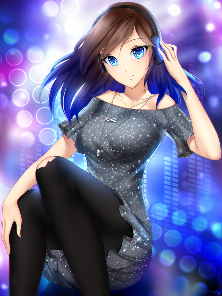 1girl bangs black_legwear blue_eyes blurry blurry_background brown_hair collarbone dress floating_hair gigamessy grey_dress headphones jewelry long_hair necklace original pantyhose short_dress short_sleeves smile solo swept_bangs torn_clothes torn_legwear