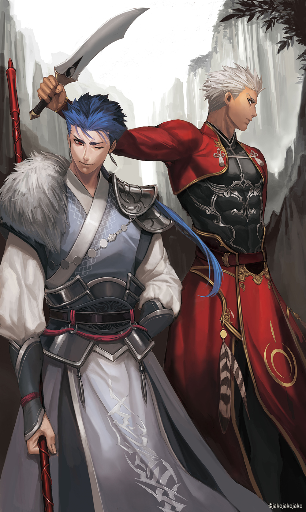 2boys adapted_costume alternate_costume archer arm_at_side arm_up armor artist_name belt blue_hair breastplate cliff command_spell commentary_request dark_skin dark_skinned_male earrings embellished_costume fate/stay_night fate_(series) feathers frown fur_trim gae_bolg grey_hair hand_on_hip highres holding holding_spear holding_sword holding_weapon jakojakojako jewelry kanshou_&amp;_bakuya lancer long_hair multiple_boys one_eye_closed polearm ponytail profile puffy_sleeves red_eyes shoulder_armor smirk spaulders spear spiky_hair standing sword tassel vambraces waist_cape weapon