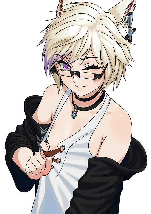 1girl ;) animal_ears black-framed_eyewear black_jacket blonde_hair breasts carlo_montie commission final_fantasy final_fantasy_xiv glasses hair_ornament jacket jewelry multicolored_hair necklace one_eye_closed short_hair small_breasts smile solo streaked_hair upper_body violet_eyes