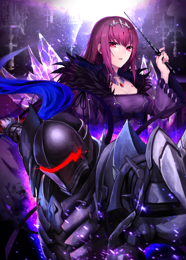 1boy 1girl armor arondight bangs berserker_(fate/zero) breasts cleavage crystal dress eyebrows_visible_through_hair fate/grand_order fate/zero fate_(series) feather_trim full_armor glowing hair_between_eyes hand_up headpiece helm helmet holding holding_sword holding_wand holding_weapon long_sleeves looking_at_viewer parted_lips plume purple_dress purple_hair red_eyes scathach_(fate)_(all) scathach_skadi_(fate/grand_order) sidelocks small_breasts sword wand weapon wide_sleeves yukihama