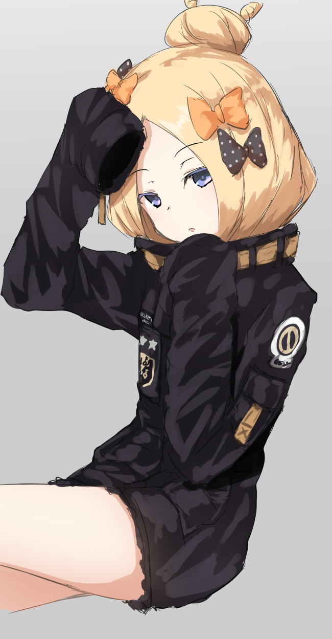 1girl :o abigail_williams_(fate/grand_order) arm_up bangs black_bow black_jacket blonde_hair blue_eyes bow eyebrows_visible_through_hair fate/grand_order fate_(series) forehead grey_background hair_bow hair_bun head_tilt heroic_spirit_traveling_outfit highres jacket long_hair long_sleeves nenosame orange_bow parted_bangs parted_lips polka_dot polka_dot_bow simple_background sitting sleeves_past_fingers sleeves_past_wrists solo star