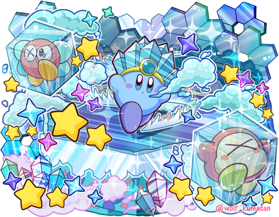 alternate_color blue_eyes blush_stickers breath bronto_burt commentary_request copy_ability frozen hat ice ice_cube insect_wings kirby kirby_(series) ninjya_palette nintendo no_humans star waddle_dee wings