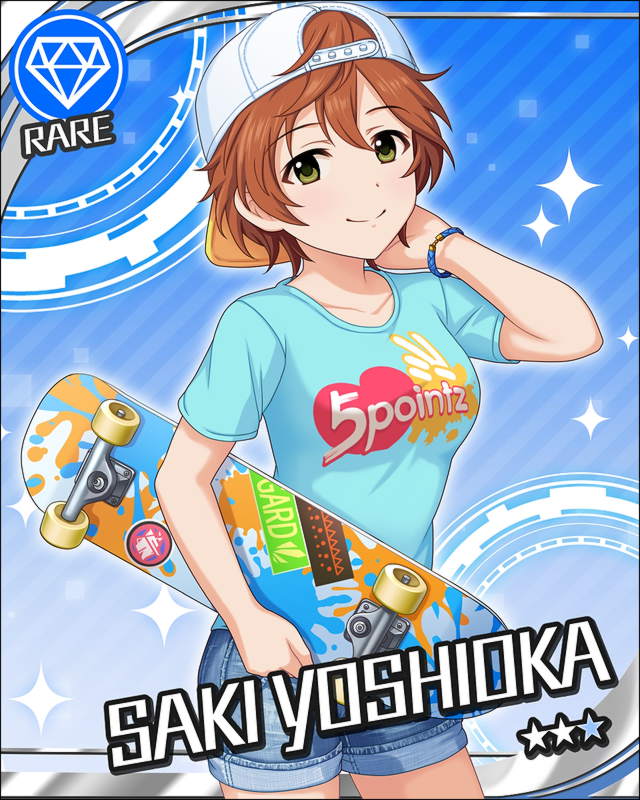 blue_eyes blush brown_hair cap character_name idolmaster idolmaster_cinderella_girs shirt short_hair smile stars yoshioka_saki