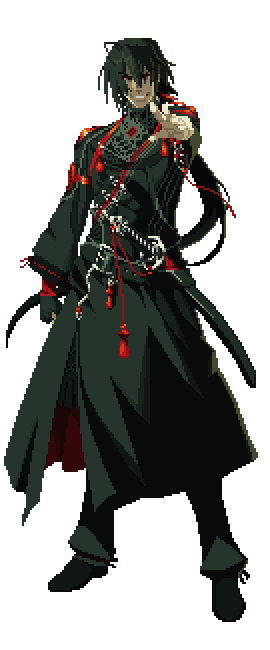 1boy black_hair clenched_hand dh_ead gloves katana long_hair male_focus original pixel_art ponytail red_eyes scabbard sheath simple_background smile solo standing sword transparent_background weapon