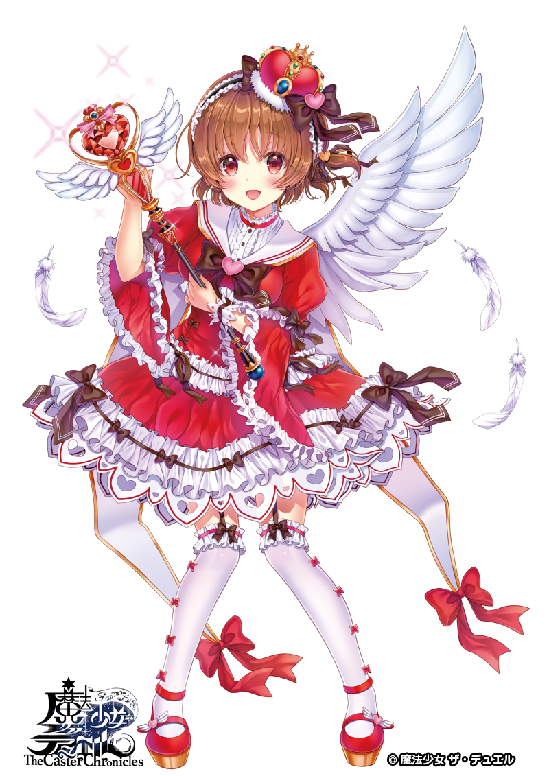 1girl :d bangs blush bow bow_legwear bowtie breasts brown_bow brown_hair center_frills commentary_request copyright_name crown crystal dress eyebrows_visible_through_hair feathered_wings feathers frilled_dress frilled_sleeves frills full_body fur_trim garter_straps garters gem hair_bow hair_ornament hairband heart heart_cutout heart_hair_ornament holding holding_staff koga_tsubasa lolita_fashion lolita_hairband long_sleeves magical_girl medium_breasts official_art one_side_up open_mouth petticoat puffy_sleeves red_dress red_eyes red_footwear ruby_(stone) sailor_dress sakura_moyon shoes short_hair simple_background single_wing single_wrist_cuff smile solo sparkle staff standing the_caster_chronicles thigh-highs white_background white_legwear white_wings wide_sleeves wings wrist_cuffs