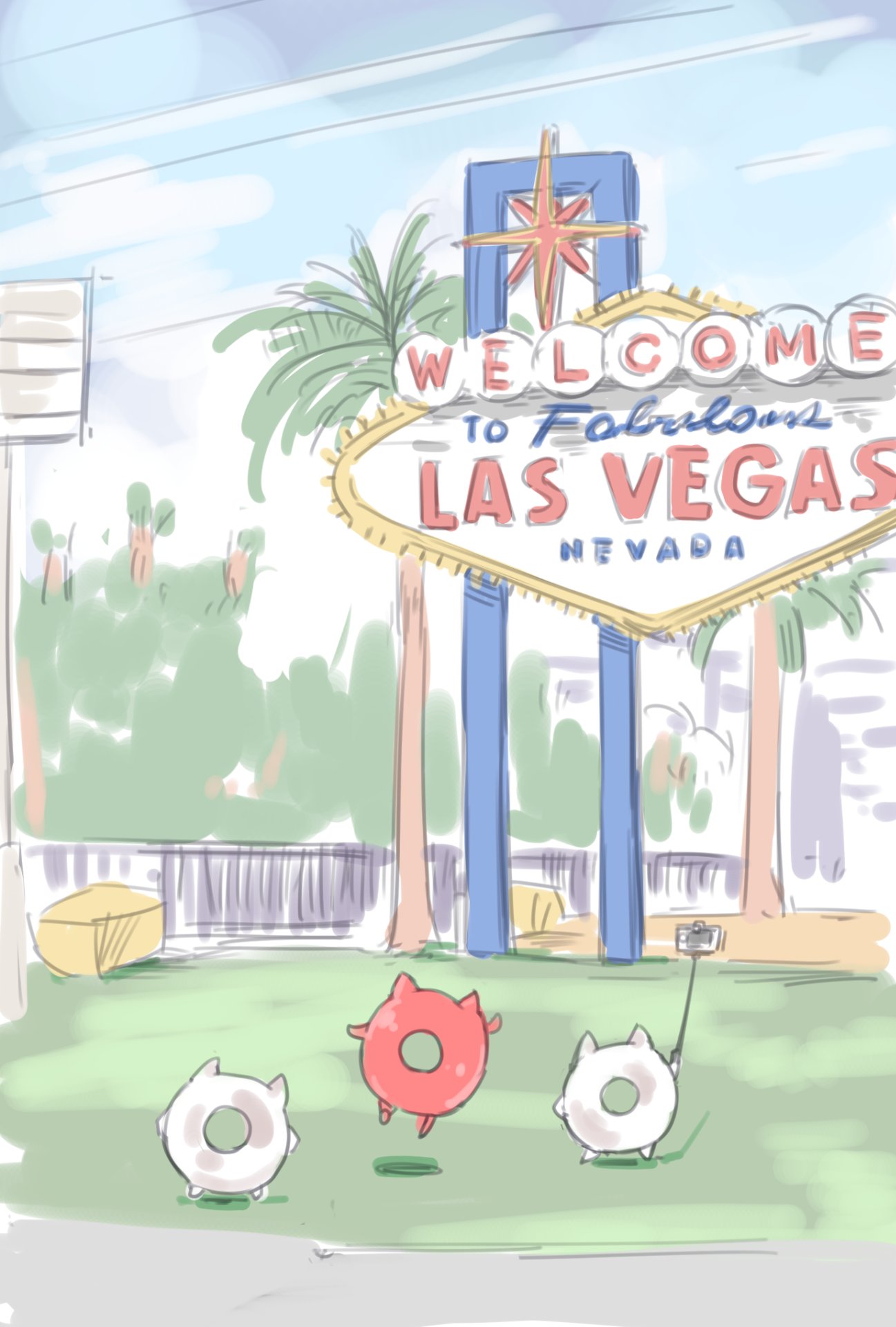 3others enemy_lifebuoy_(kantai_collection) enjaku_izuku highres holding_stick jumping kantai_collection las_vegas multiple_others no_humans selfie_stick welcome_to_fabulous_las_vegas_sign