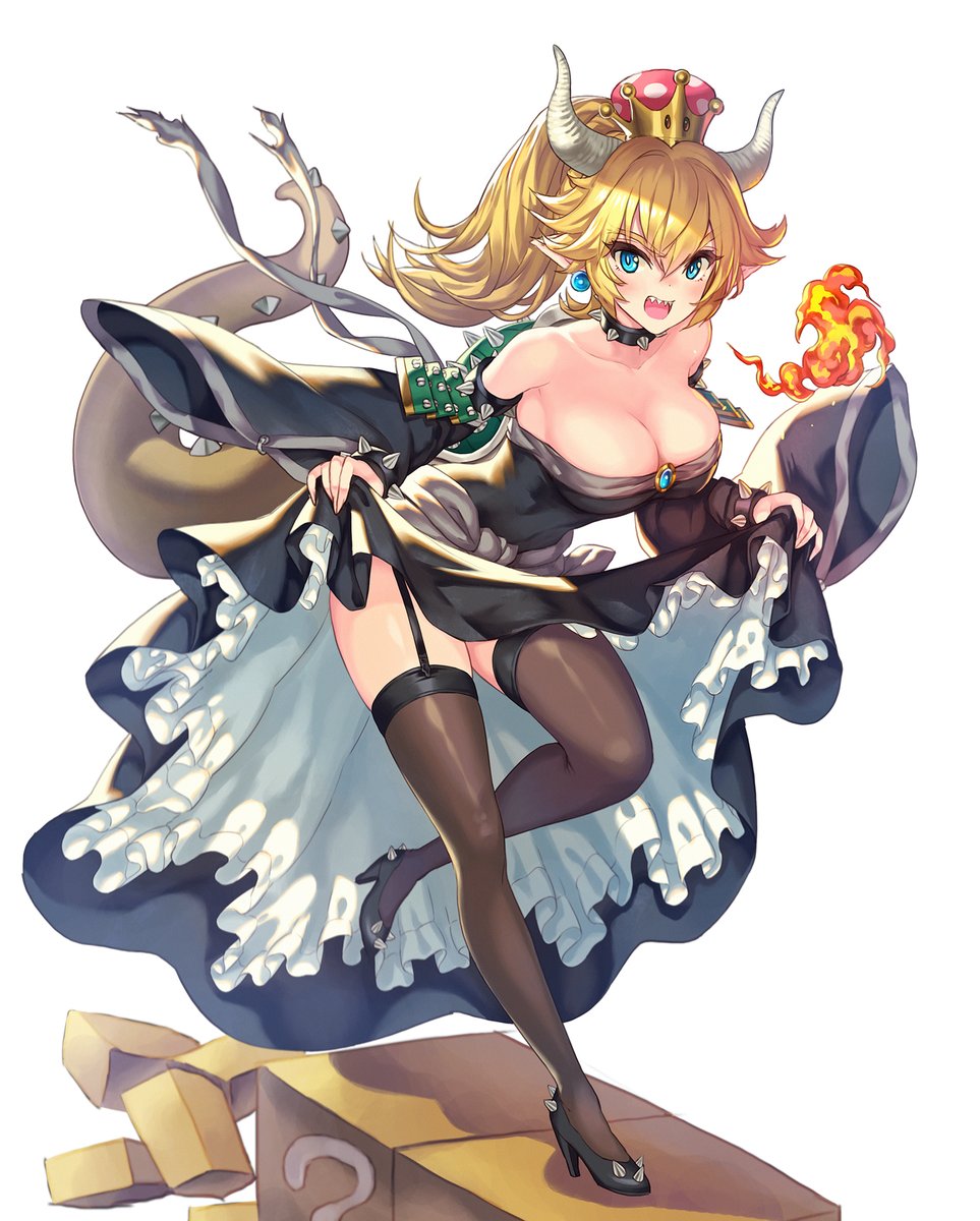 1girl :d armlet bare_shoulders black_dress blonde_hair blue_earrings blue_eyes bowsette bracelet breasts breathing_fire brown_legwear cleavage collar collarbone commentary_request crown dress dress_lift earrings fire garter_straps hhama highres horns jewelry large_breasts lifted_by_self lizard_tail looking_at_viewer super_mario_bros. new_super_mario_bros._u_deluxe nintendo open_mouth pointy_ears ponytail sharp_teeth short_hair simple_background smile solo spiked_armlet spiked_bracelet spiked_collar spiked_shoes spikes super_crown tail teeth thigh-highs white_background