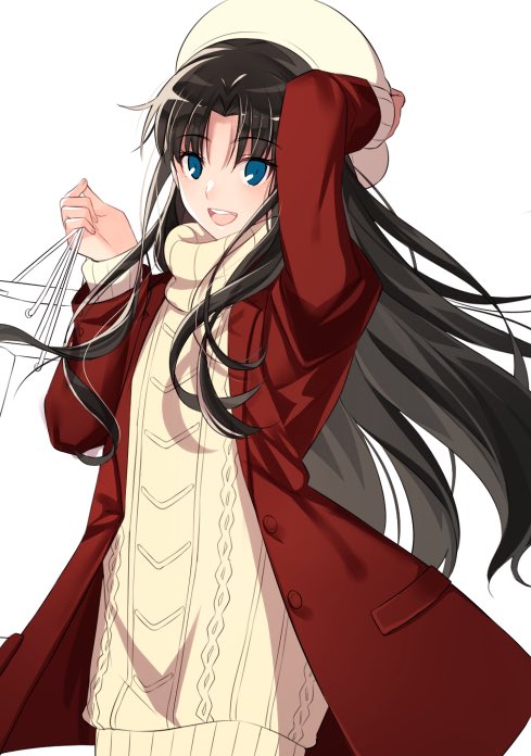 1girl :d black_hair blue_eyes cowboy_shot dress eyebrows_visible_through_hair fate/stay_night fate_(series) floating_hair hand_on_headwear hat long_hair open_mouth simple_background smile solo standing sweater sweater_dress tohsaka_rin very_long_hair white_background white_hat white_sweater yaoshi_jun