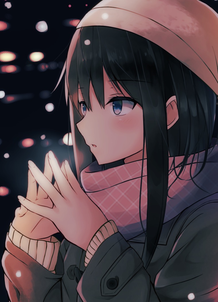 1girl :o bangs black_hair blue_eyes blush commentary_request eyebrows_visible_through_hair fingernails grey_coat hair_between_eyes hands_up hat long_hair long_sleeves looking_away original parted_lips pink_scarf scarf solo steepled_fingers upper_body white_hat yuzuzukushi