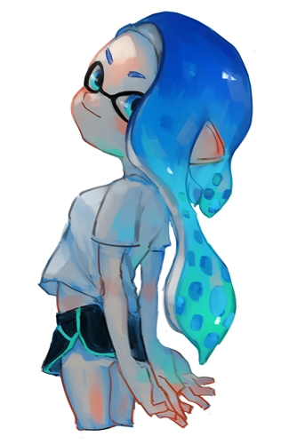 1girl act_(a_moso) arms_behind_back black_shorts blue_eyes blue_hair closed_mouth domino_mask inkling long_hair looking_at_viewer lowres mask nintendo pointy_ears shirt short_sleeves shorts simple_background smile solo splatoon splatoon_2 t-shirt tentacle_hair white_background white_shirt