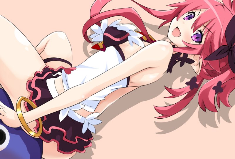 1girl bare_shoulders blush bracelet breasts demon_girl disgaea fang hair_between_eyes hair_ornament iwasi-r jewelry looking_at_viewer makai_senki_disgaea_5 medium_breasts miniskirt necktie open_mouth pink_hair pointy_ears ponytail prinny seraphina_(disgaea) short_hair sitting sitting_on_person skirt smile solo violet_eyes